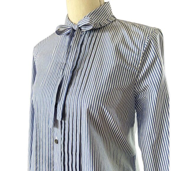 J. Crew Striped Ruffle Tuxedo Neck Tie Blouse 4P - Picture 5 of 11